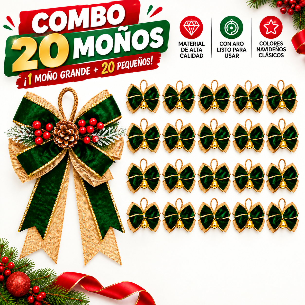 Combo Esmeralda: moño grande verde con ribete dorado y 20 moñitos con argolla